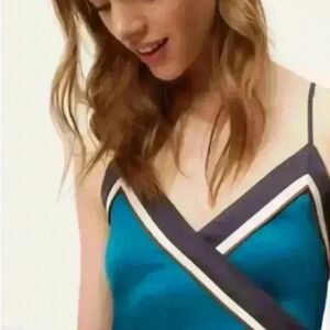 Loft Teal Borderline Wrap Belted Blouse